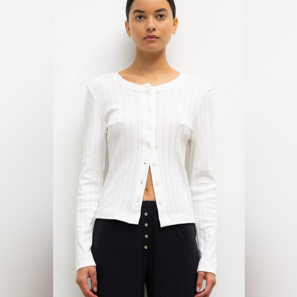 LESET White Ribbed Button-Front Long Sleeve Sweater